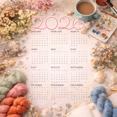 Overhead view of a 2026 calendar surrounded by hand-dyed yarn skeins, dried flowers, art supplies, and a cup of coffee in a cozy creative workspace.
