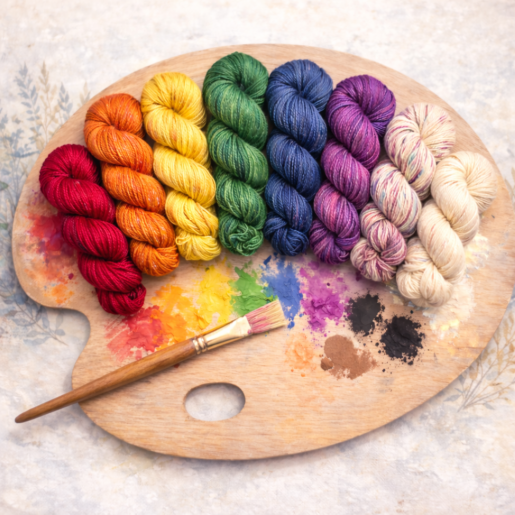 Hand-dyed yarn skeins arranged in a rainbow across a wooden artist’s palette with colorful paint swatches and a paintbrush.