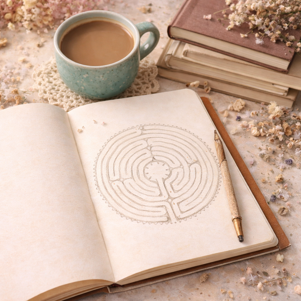 Open sketchbook with a hand-drawn labyrinth, coffee mug, and stacked books in a cozy creative workspace, representing the beginning of Pink Pearl’s Via Cordis yarn collection process.
