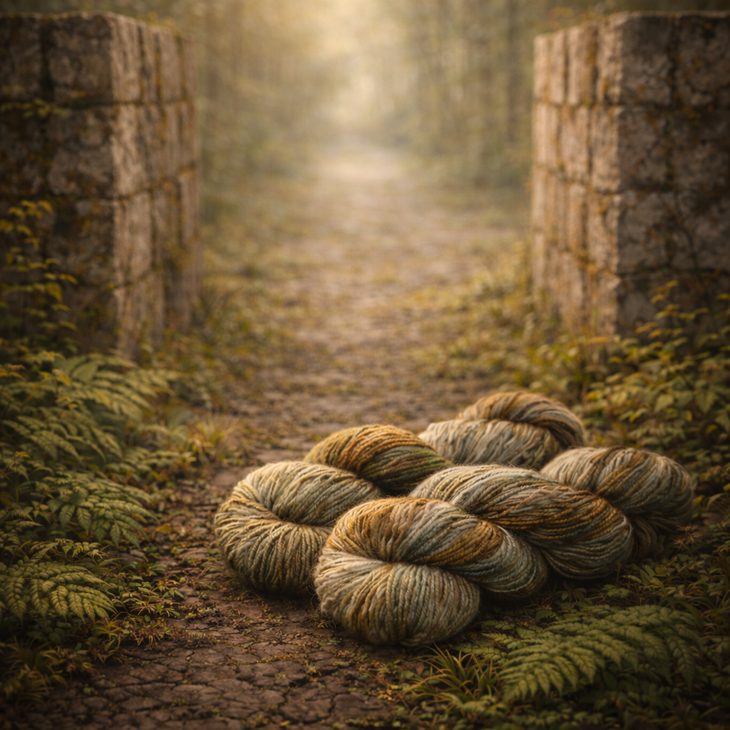 earthy-toned skeins of hand-dyed yarn resting on a forest path between tall stone walls, evoking a quiet, labyrinth-like journey through nature.