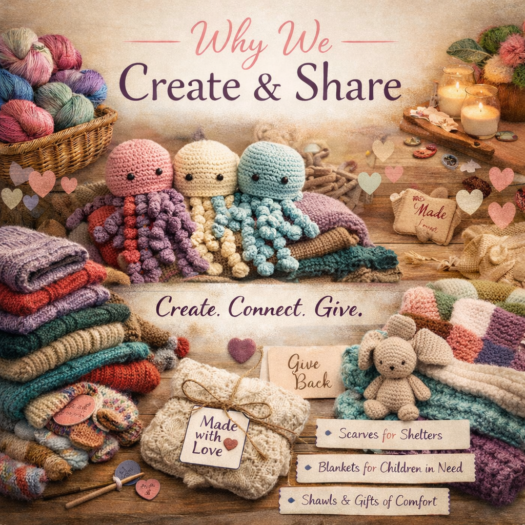 Handcrafted crocheted jellyfish and folded knit and crochet items made with hand-dyed yarn, symbolizing community crafting and creative giving at Pink Pearl Yarns.