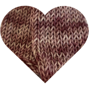Rose clay hand dyed yarn knit swatch in heart shape showing layered earthy rose and muted berry tones