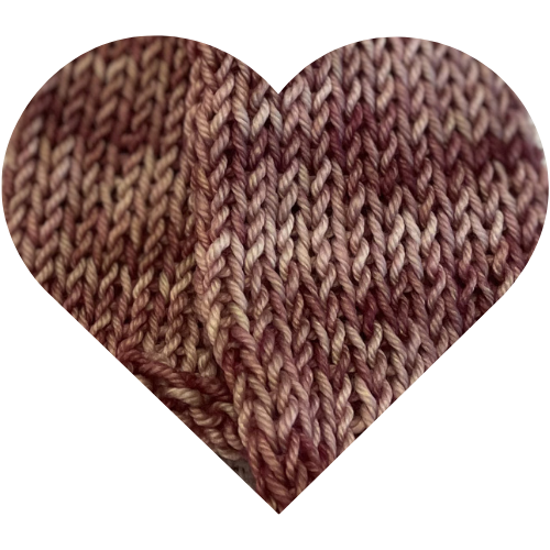 Rose clay hand dyed yarn knit swatch in heart shape showing layered earthy rose and muted berry tones